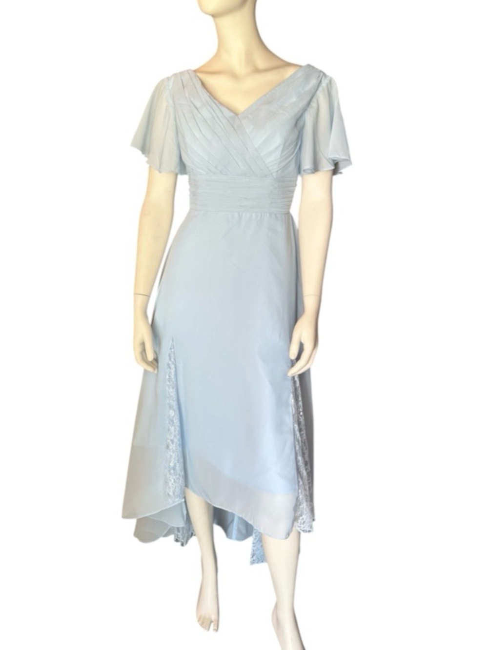 Chiffon V-Neck High-Low Midi Dress with Ruched Bodice & Lace Accents Blue Size 8